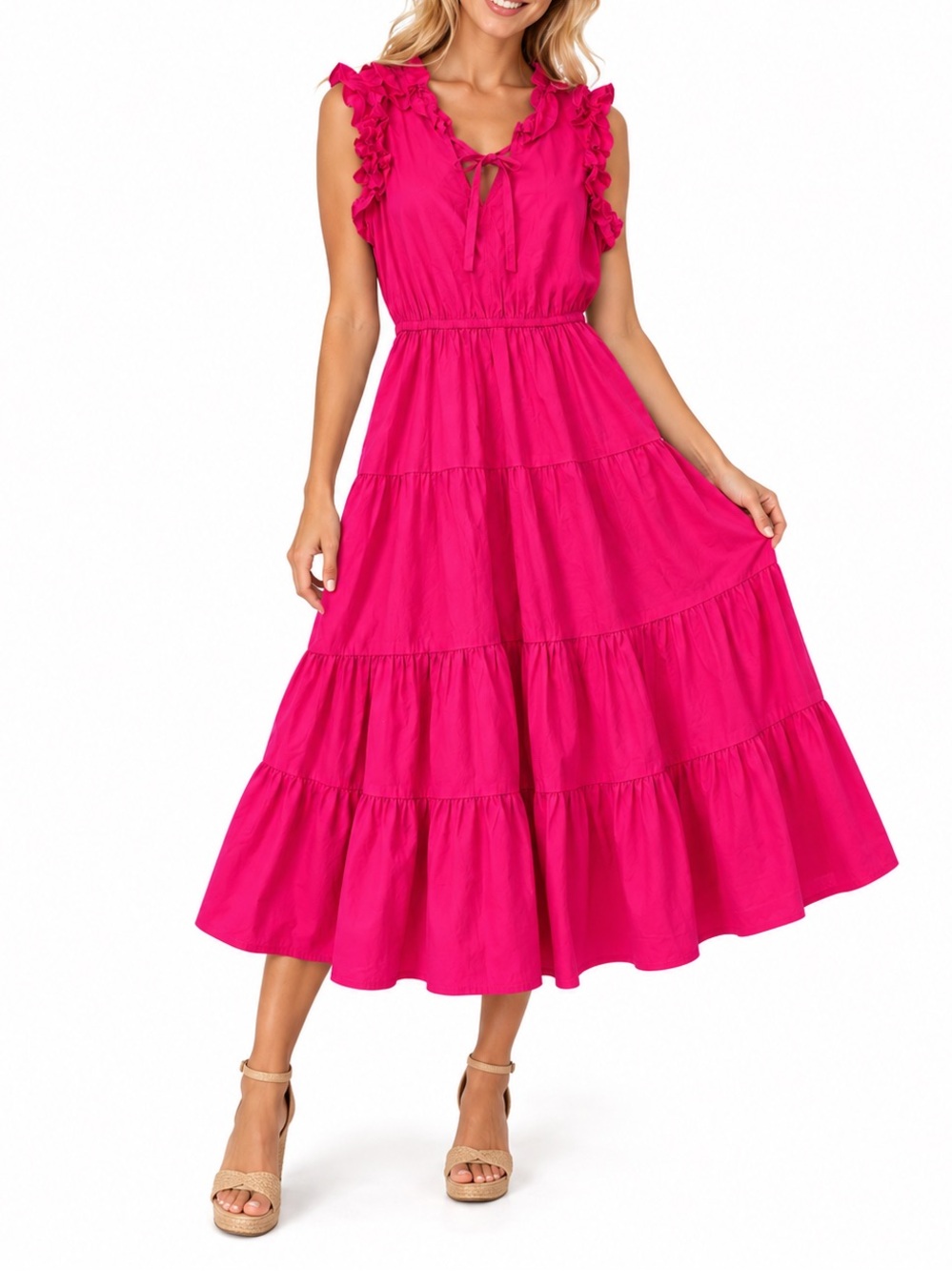 Maggy London Fuchsia Pink Tiered Midi Dress ruffles sleeveless v-neck size 4P